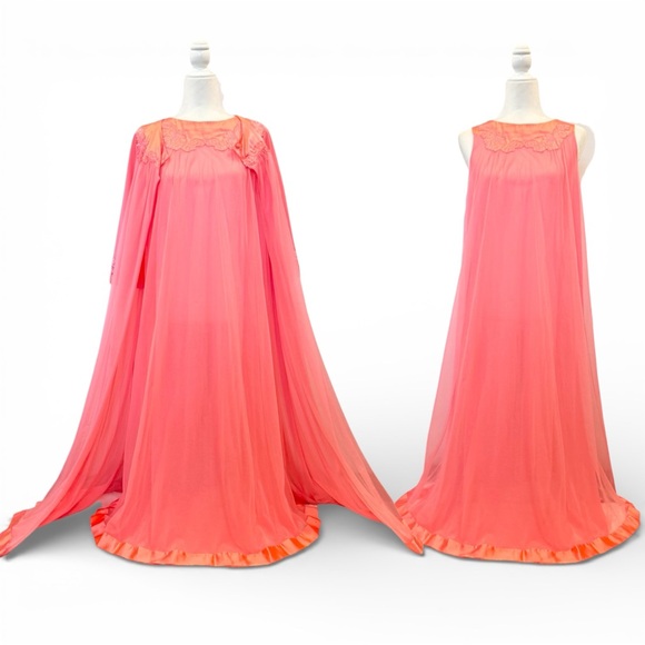 Vintage Artemis Gossard Pink Coral Silky Satin Sheer Chiffon Maxi Gown Robe Set - Picture 7 of 13